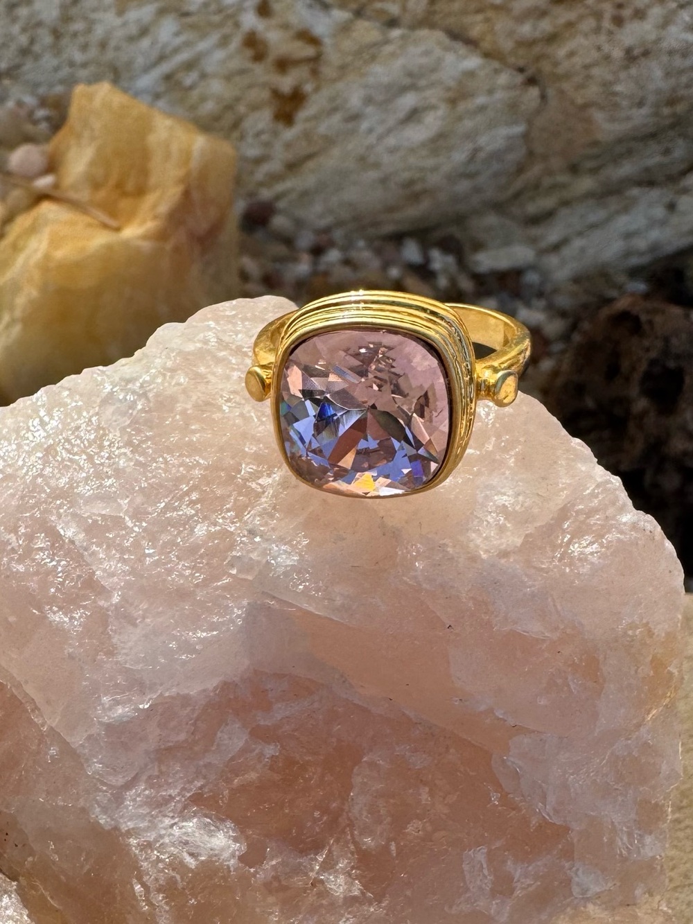 Blush Pink Cushion Cut Crystal Ring Gold Tone Adjustable